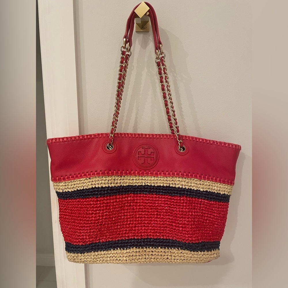 TORY BURCH MARION STRAW & LEATHER COLOR BLOCK TOTE